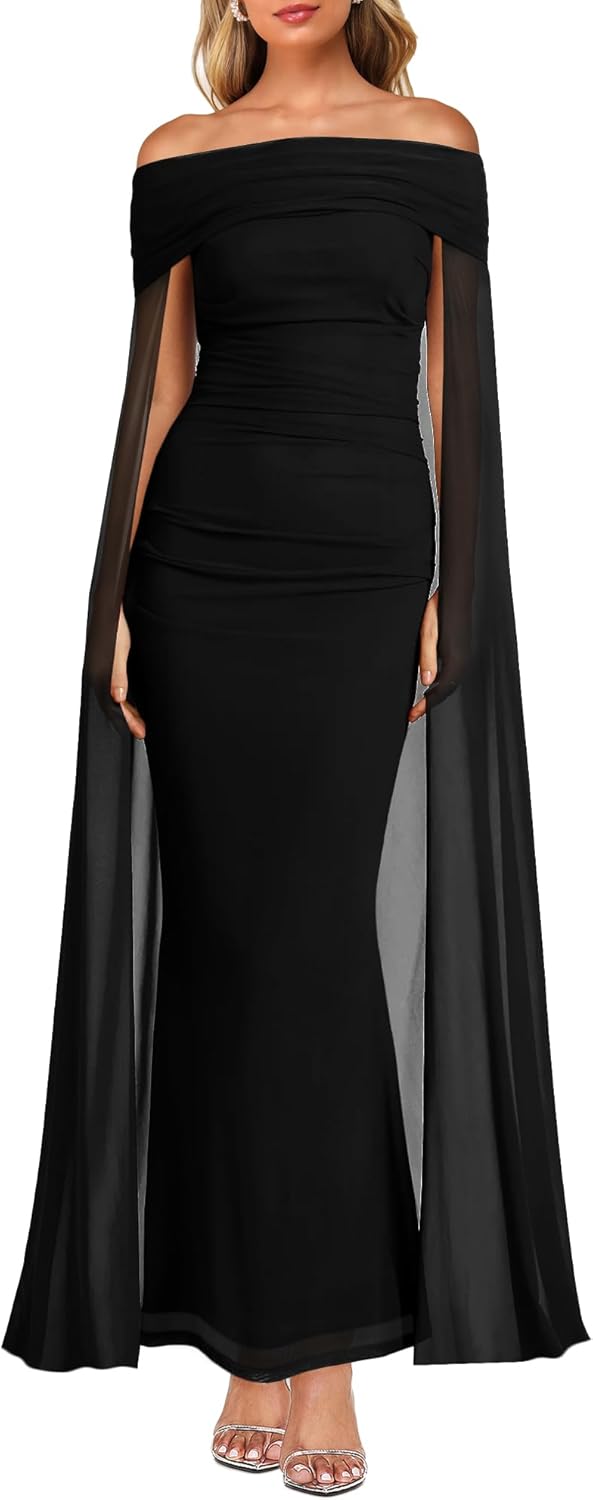 MAYFASEY Womens Elegant Off Shoulder Long Sleeve Mesh Ruched Bodycon Long Formal Party Evening Dress with Cape
