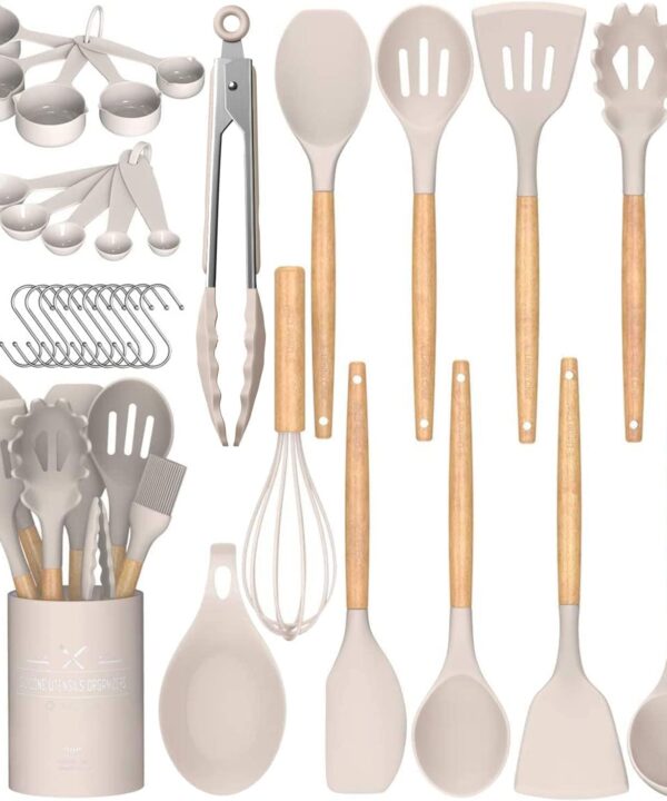 Umite Chef Kitchen Cooking Utensils Set, 33 pcs Non-Stick Silicone Cooking Kitchen Utensils Spatula Set with Holder, Wooden Handle Silicone Kitchen Gadgets Utensil Set (Khaki)