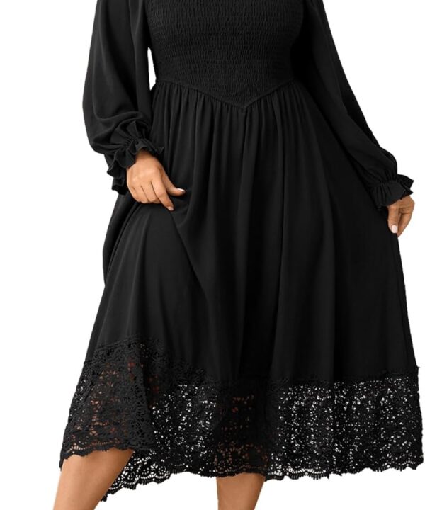 Women's Plus Size Maxi Dress Long Sleeve Square Neck Smocked Flowy A-Line Lace Trim Wedding Guest Dresses