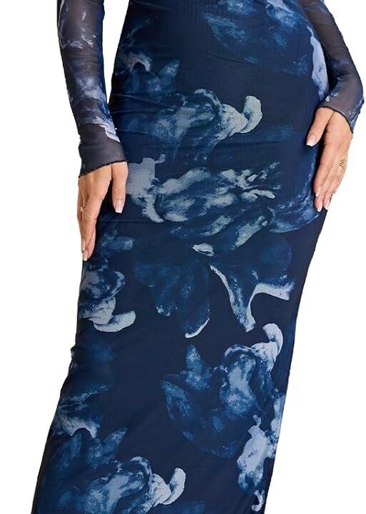 XinFSh Women's Fall Long Sleeve Bodycon Maxi Dress Mesh Ruched Formal Wedding Guest Cocktail Dresses