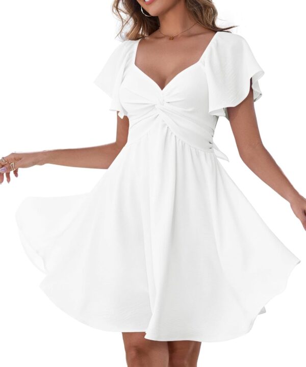 Florboom Women's Sweetheart Knot Front Dress Flutter Sleeve Tie Back A-Line Chiffon Mini Dresses