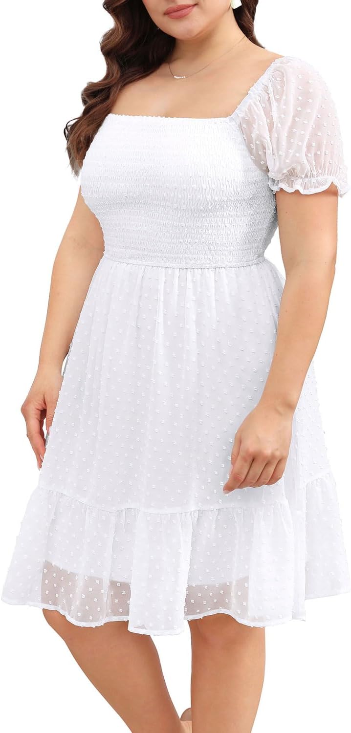 Women Plus Size Square Neck Puff Sleeve Babydoll Summer Chiffon Swiss Dot Flowy Short Smocked Dress