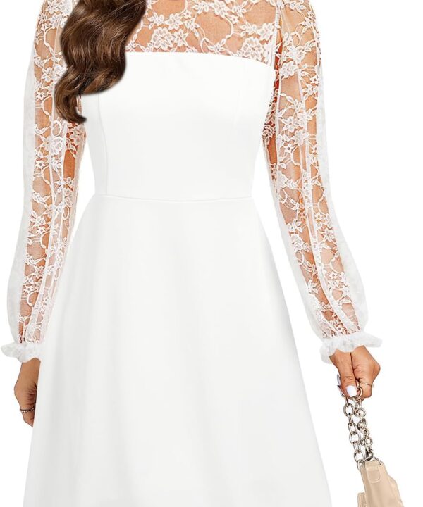 Holipick Women's Cocktail Dresses Wedding Guest Party Crew Neck Short A Line Dress with Lace Sleeves
