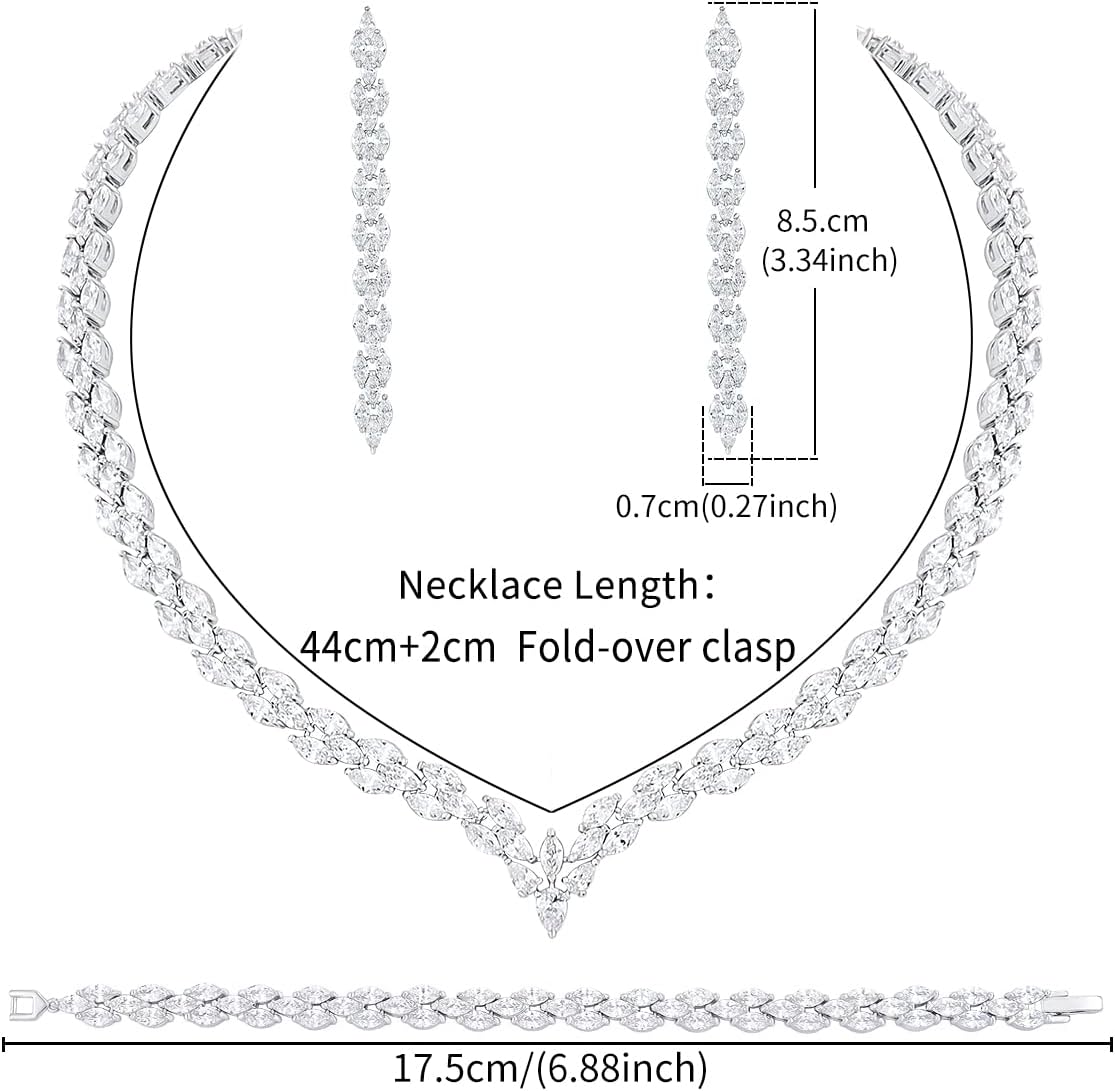 White Gold Plated Cubic Zirconia CZ Marquise Bridal Necklace Drop Dangle Earrings Bracelet set for Women Wedding Brides