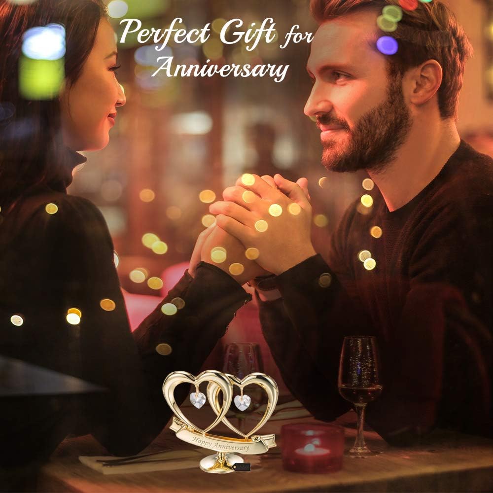Matashi 24K Gold Plated Anniversary Heart Sculpture with Crystals Double Heart Statue – Perfect Christmas and Holiday Gift and Premium Quality Cake Topper