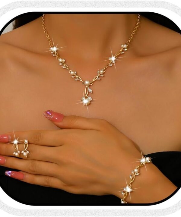 Unicra Pearl Jewelry Set Gold Prom Formal Necklace Earrings Bracelet Sets Rhinestone Bridal Wedding Jewelry Sets for Women and Brides
