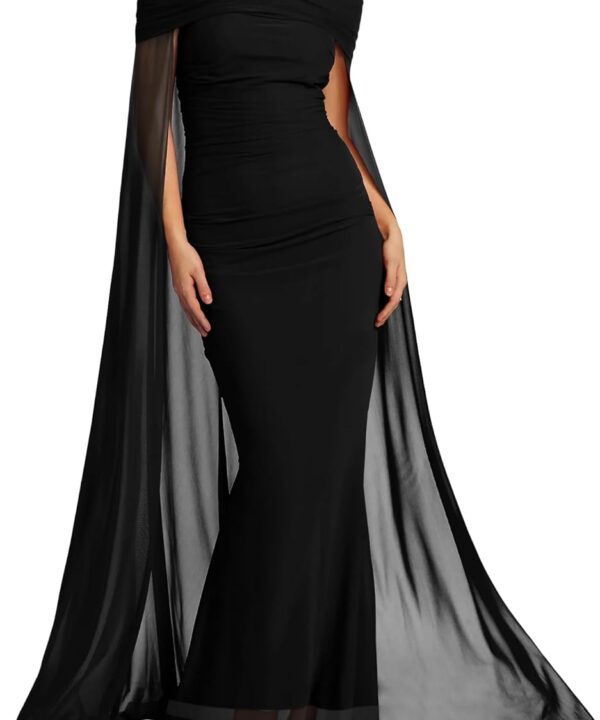 MAYFASEY Women's Elegant Off Shoulder Long Sleeve Mesh Ruched Bodycon Long Formal Party Evening Dress with Cape