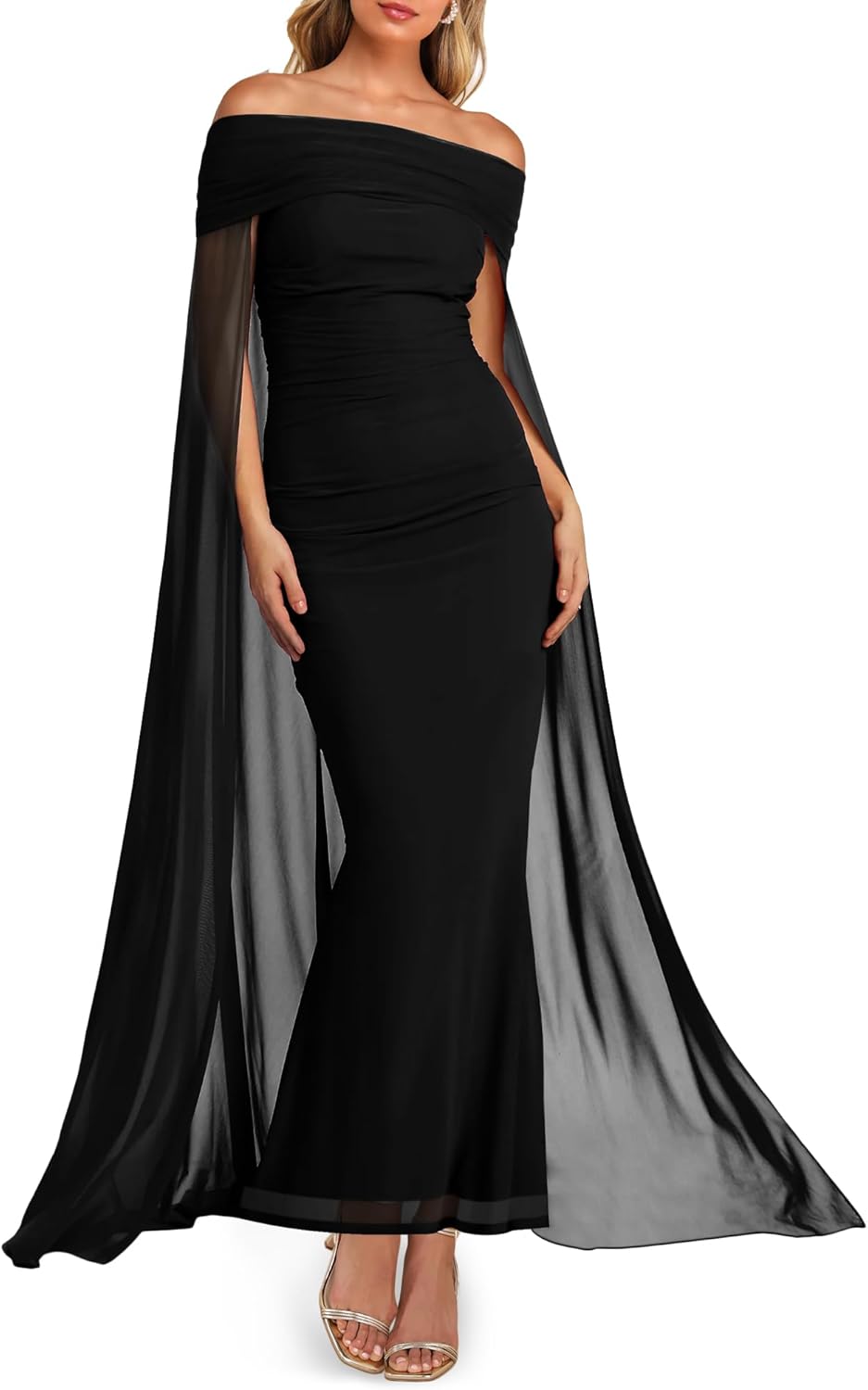 MAYFASEY Women's Elegant Off Shoulder Long Sleeve Mesh Ruched Bodycon Long Formal Party Evening Dress with Cape
