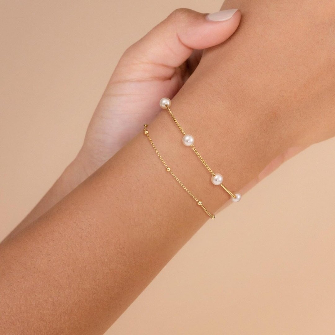 NECOCY 14K Gold Plated Pearl Bracelets for Women, Dainty Bracelets Stack Trendy Pearls Beaded Link Chain Charm Bracelets Set Layered Non Tarnish Tiny Cute Jewelry for Women