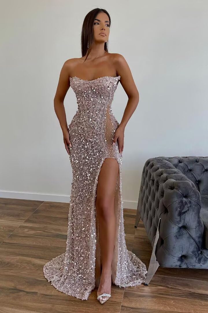 Strapless Prom Dresses 2025 Mermaid Sequin Sparkly Beaded Long Tube Sexy Sheer Sheath Evening Formal Party Dresses with Slit