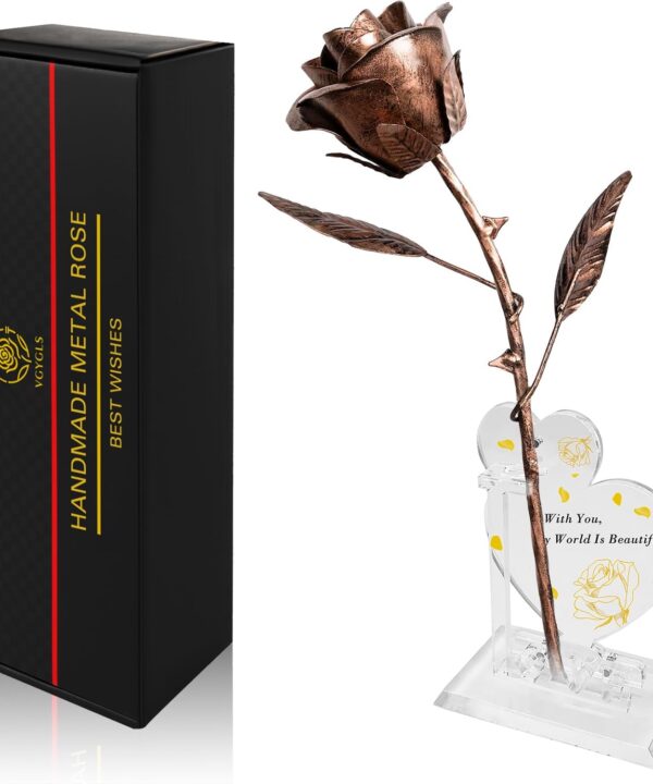 VGYGLS Copper Rose Flower with Dual Heart Picture Holders - Traditional 7 Year for Her & Him - Handmade Metal Art Sculpture, Forever Copper Wedding Anniversary Keepsake