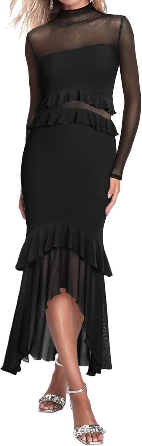 Aisbei Womens Elegant Bodycon Maxi Dress Mock Neck Long Sleeve Ruffle Mesh Party Cocktail Formal Wedding Guest Dresses