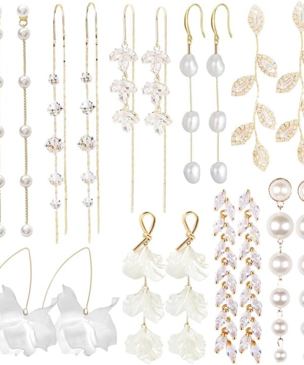 SUNNYOUTH 9 Pairs Long Tassel Dangle Earrings for Women Sparkling CZ Threader Drop Earrings Chain Olive Leaf Wedding Bridal Earrings Set