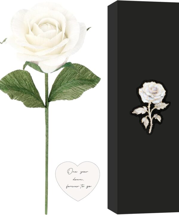 Rimvoe 1st Year Anniversary Keepsake Paper Rose, Handmade Paper Gift for 1 Year Anniversary, with Message Card - One Year Down, Forever to Go (White)