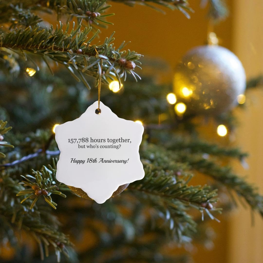 3dRose Happy 18th Anniversary – 157788 Hours Together – Snowflake Ornament, Porcelain, 3-Inch (ORN_224663_1)