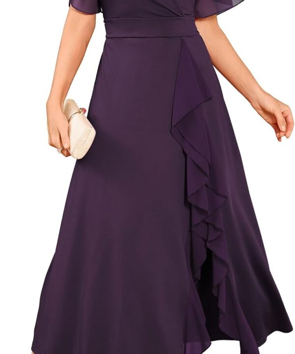 ZAFUL Dark PurpleWomens Semi Formal Wedding Guest Dresses Mother of Bride Dresses Split Ruffle V Neck Flared Sleeve Evening Dress 2026 L