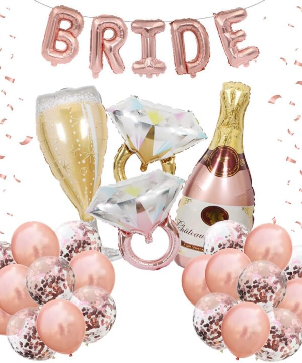 Bride Balloons Bachelorette Party Decorations Kit - Pack of 29 Include BRIDE Banner, Ring, Bottle, Glass Foil Balloon, Latex Balloon for Engagement Wedding Bridal Shower Decorations (Rose Gold)