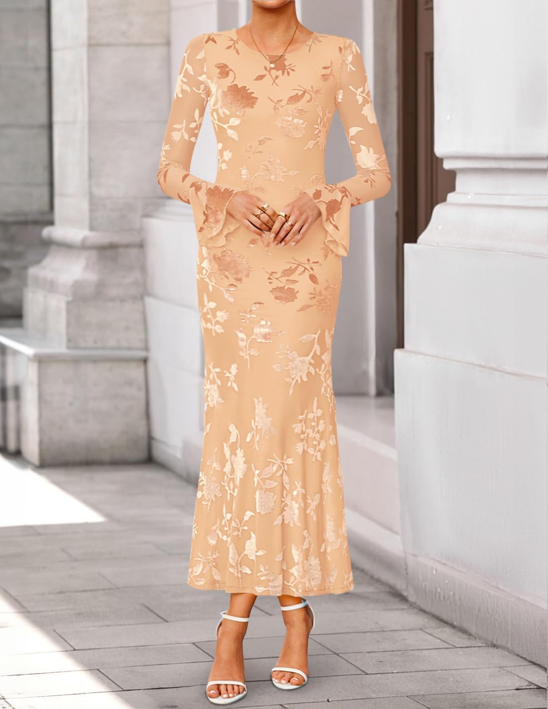 ZESICA Womens 2026 Bell Long Sleeve Floral Maxi Dress Fall Fashion Bodycon Mesh Wedding Guest Cocktail Party Dresses