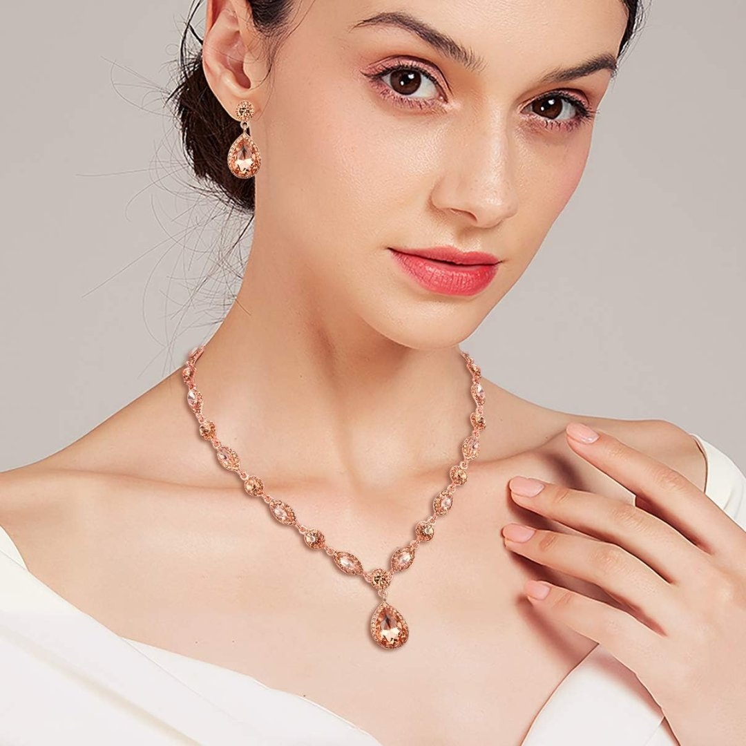 EleQueen Womens Wedding Bridal Jewelry Set for Brides Bridesmaids, Crystal Teardrop Necklace Dangle Earrings Jewellery for Party Prom