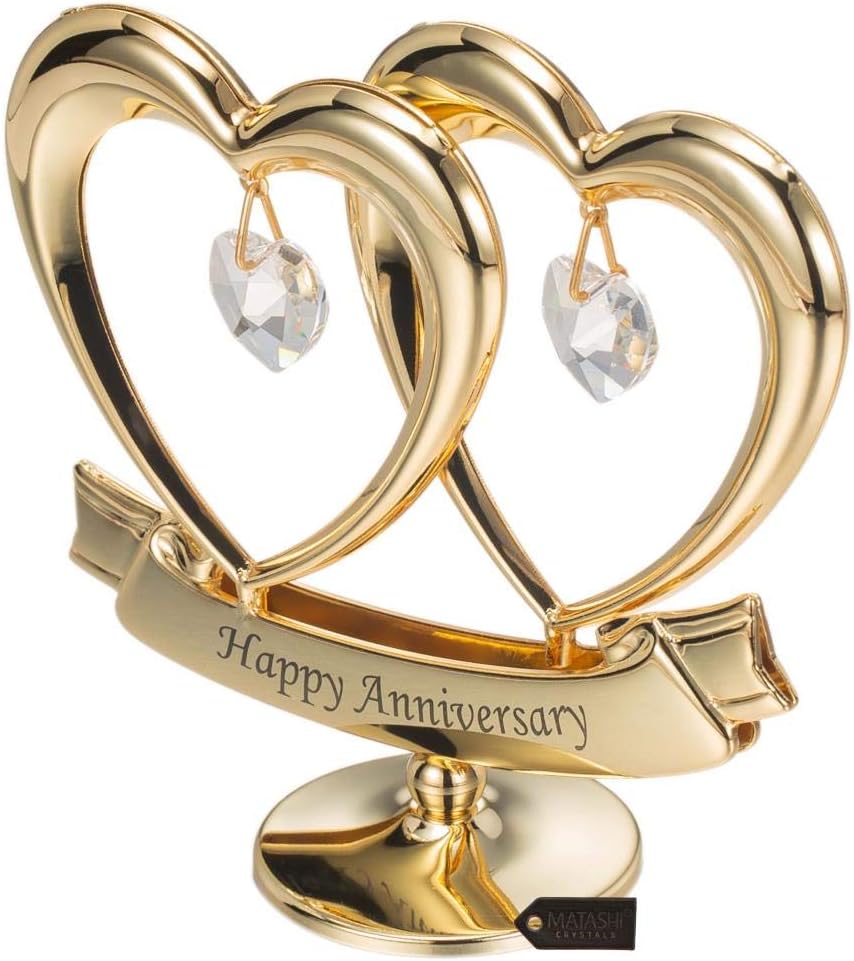 Matashi 24K Gold Plated Anniversary Heart Sculpture with Crystals Double Heart Statue – Perfect Christmas and Holiday Gift and Premium Quality Cake Topper