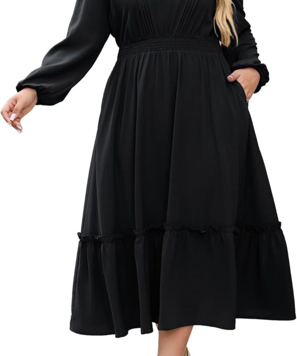 Hanna Nikole Women Plus Size Long Sleeve Casual Dress 2025 Fall V Neck Pleated Flowy Tiered Maxi Dresses with Pockets