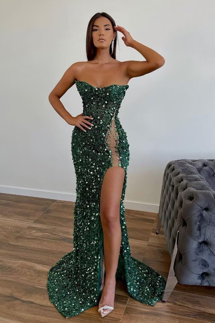 Strapless Prom Dresses 2025 Mermaid Sequin Sparkly Beaded Long Tube Sexy Sheer Sheath Evening Formal Party Dresses with Slit