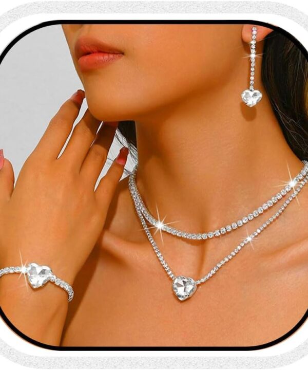 Unicra Silver Rhinestone Necklace Earrings Bracelet Sets Bridal Wedding Jewelry Set Heart Costume Jewelry Sets for Women and Brides