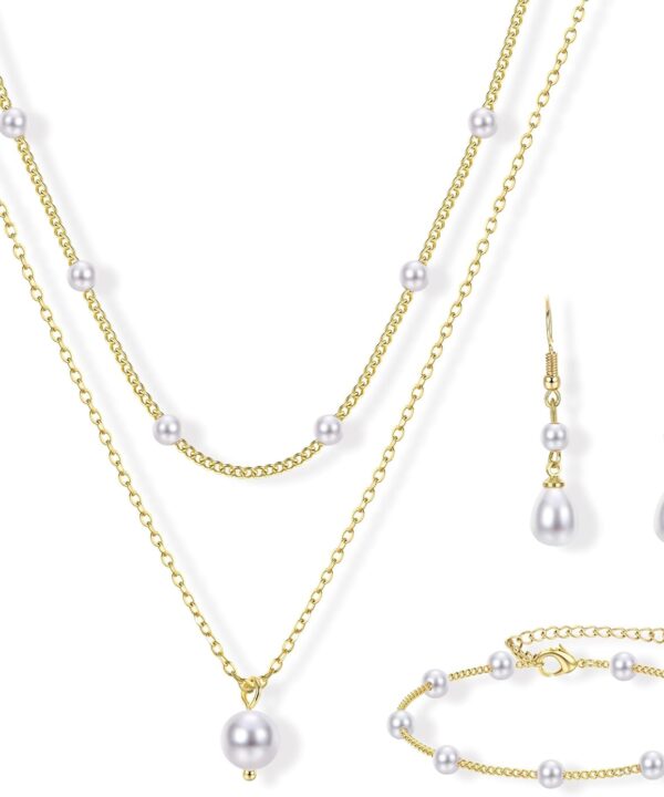 YADOCA Gold Jewelry Set for Women - 16K Gold Plated Pearl Necklace and Earring Set With Drop Earrings,Charm Layered Necklace,Adjustable Bracelets - Dainty Women's Pearl Jewelry Set For Wedding Gifts
