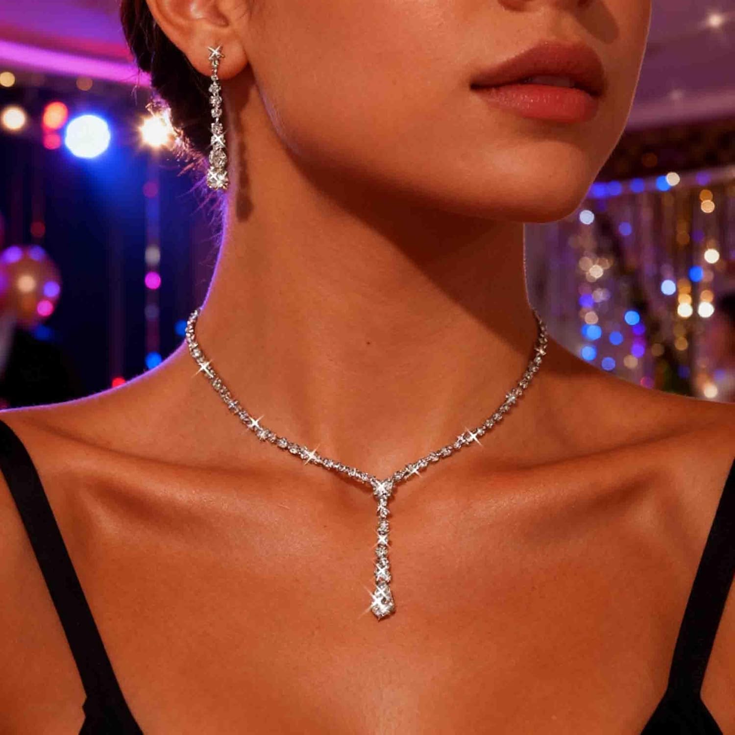 Wedding Necklace and Earring Set Silver Long Rhinestone Dangle Earrings Dainty Diamond Cubic Zirconia Bridal Chain Sparkly Crystal Tiny Y Drop Lariat Cz Pendant Choker Statement Bridesmaid for Women