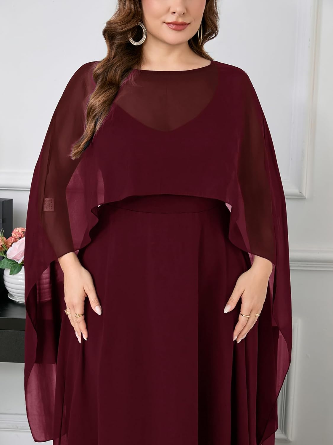 Plus Size Elegant Chiffon Dress Formal Long Cape Sleeve A Line Maxi Evening Gown Wedding Guest Cocktail Dresses