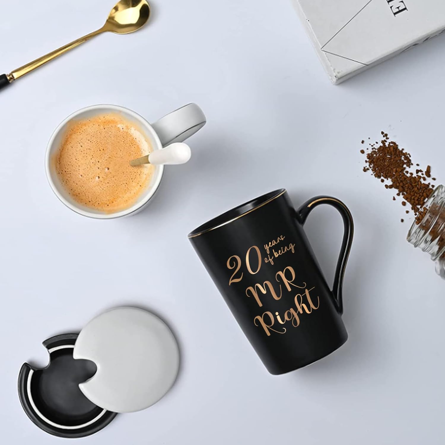 YHRJWN 20 Year Anniversary Presents, 20th Anniversary Presents for Couple Parents, 20th Wedding Anniversary Presents, 20th Mr & Mrs Always Right Coffee Mugs, 14 Oz with Coasters, Spoons and Gift Box