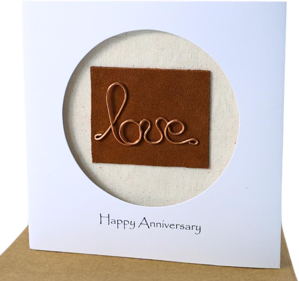 Camellia Bees Copper 7th Wedding Card - Copper Wire Love Card For Her Him, Handmade Card for Happy Couple, Wife, Husband on Valentines day, wedding anniversary (07th)