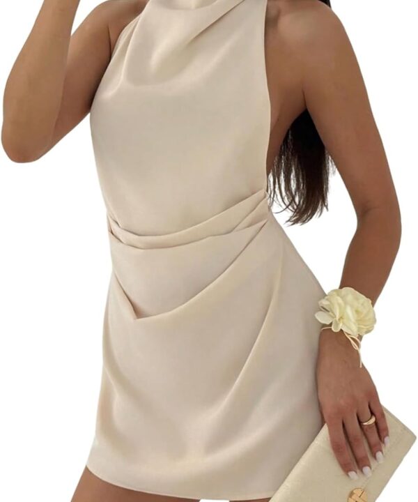 SOLY HUX Women's Ruched Halter Mini Dress Tie Backless Bodycon Evening Party Cocktail Dresses