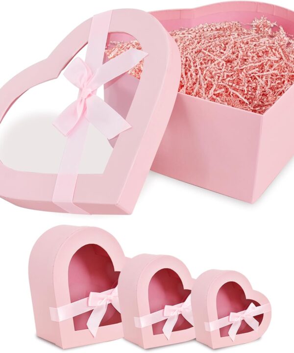 BEISHIDA Set of 3 Mother's Day Heart Shaped Box for Flowers,Chocolate and Strawberries,Mom Gift Box with Clear Lids for Presnet Flowers -Pink