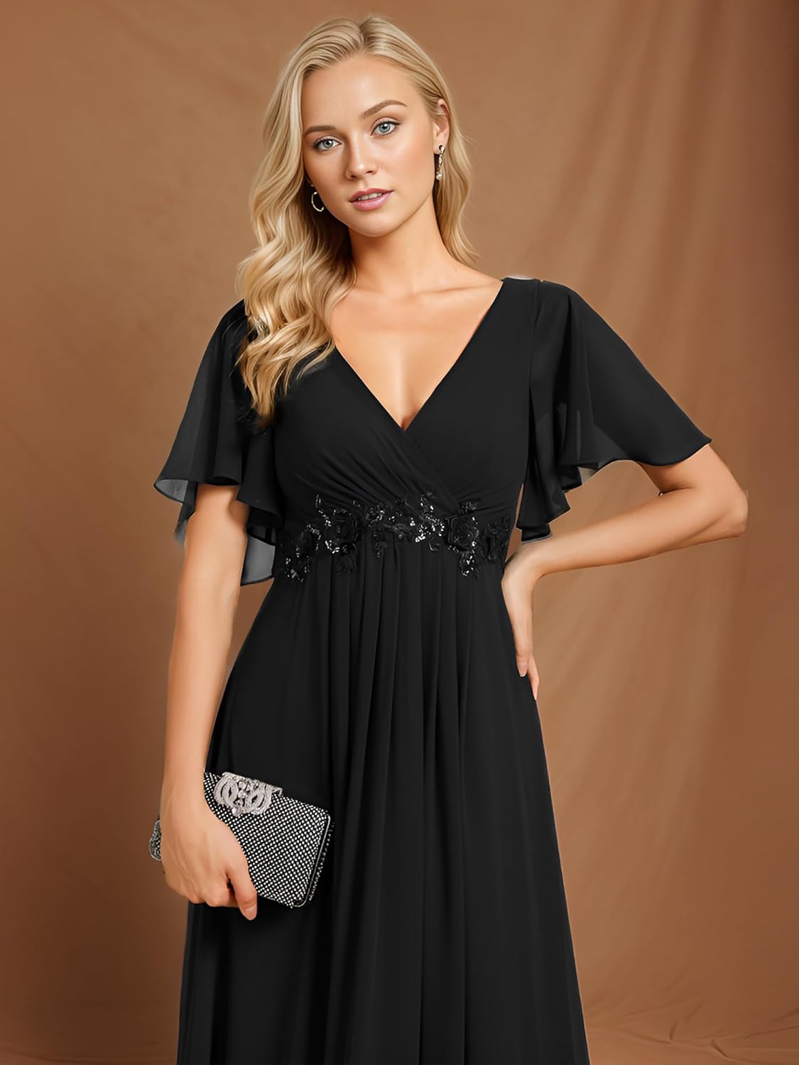 Ever-Pretty Womens Bridesmaid Dresses V-Neck Flutter Sleeve Long Chiffon A-Line Appliqued Waist Formal Dress