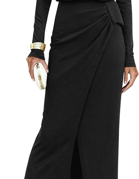 KIRUNDO Womens Cocktail Wedding Guest Maxi Dress Lightweight Long Sleeve Boat Neck Knit Ruched Slit Slimming Dresses