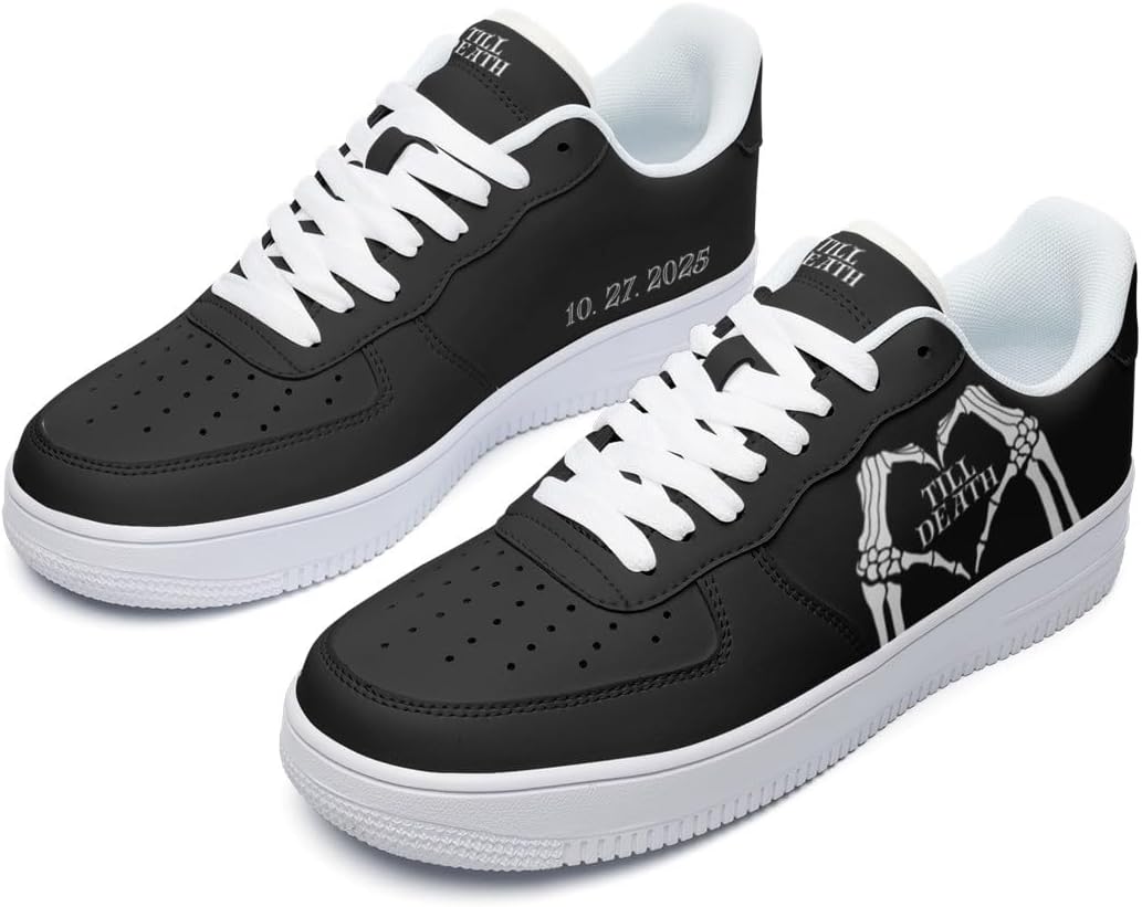 Bride Till Death Collection Low-Top Sneakers, Personalized Bride and Groom Black or White Sneakers for Wedding Day, Wedding Pictures or Honeymoon, Custom Skeleton Heart Design