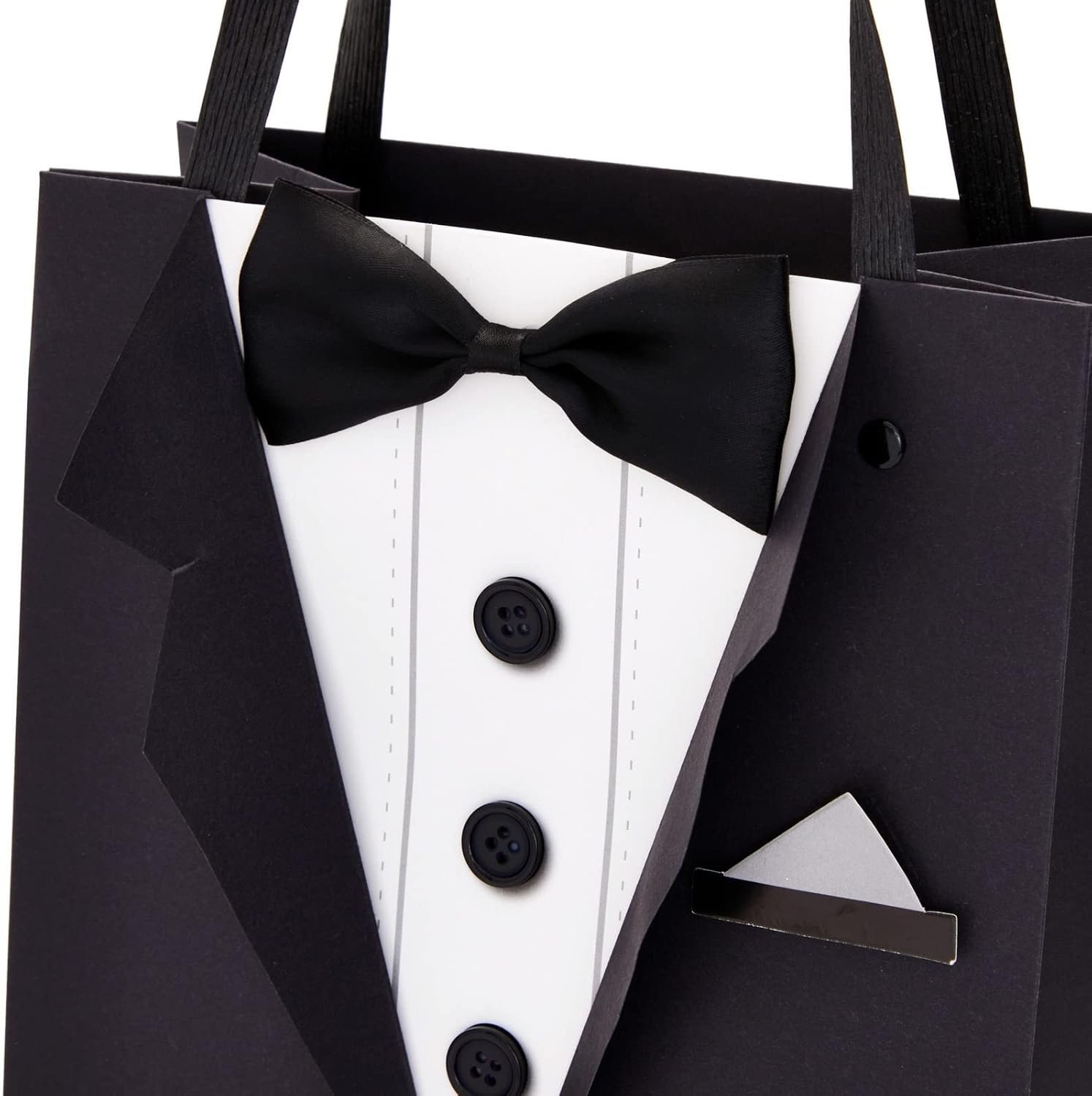 Sparkle and Bash Groomsmen Gift Bags With 3D Tuxedo Design, Satin Bow Tie & Real Buttons – Black, 6 Pack, 8 x 4.5 x 10 In – Wedding & Bachelor Party – Tuxedo Gift Bags for Men