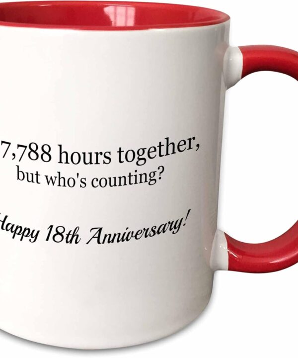 3dRose mug_224663_5 "Happy 18Th Anniversary - 157788 Hours Together" Ceramic Mug, Red, 11 oz