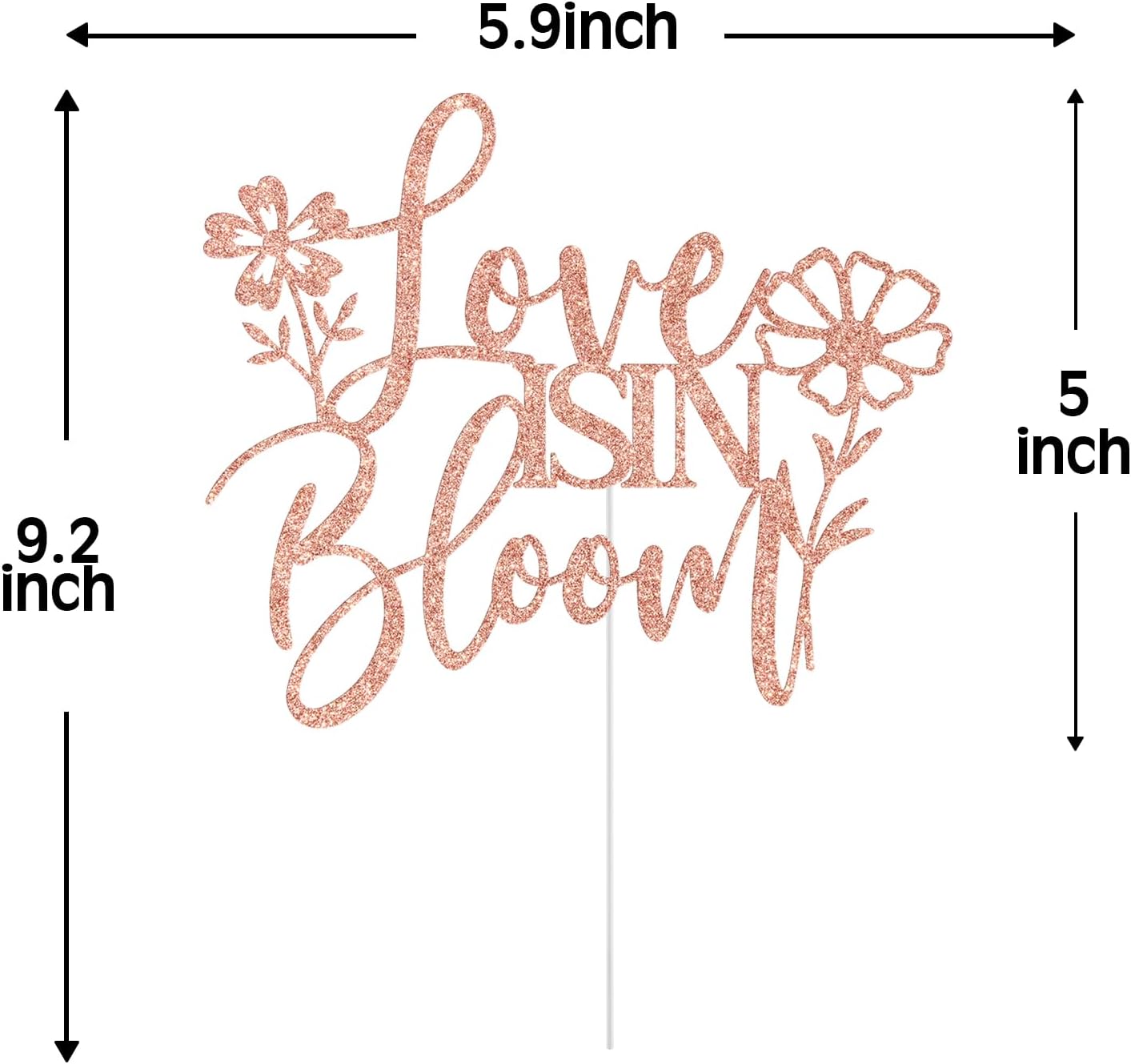 Love is in Bloom Cake Topper, Floral Bridal Shower Cake Decorations, Wildflower Floral Flower Themed Wedding Engagement Bachelorette Party Decorations, Rose Gold Glitter