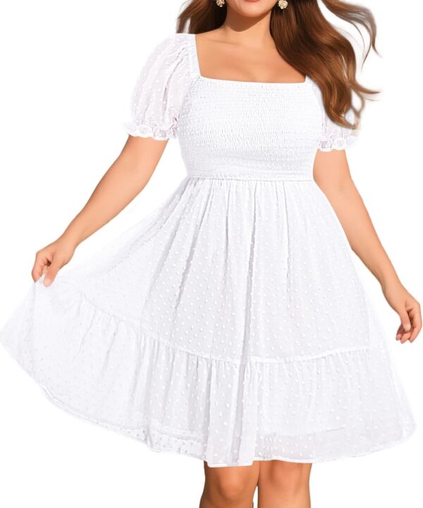 Women Plus Size Square Neck Puff Sleeve Babydoll Summer Chiffon Swiss Dot Flowy Short Smocked Dress