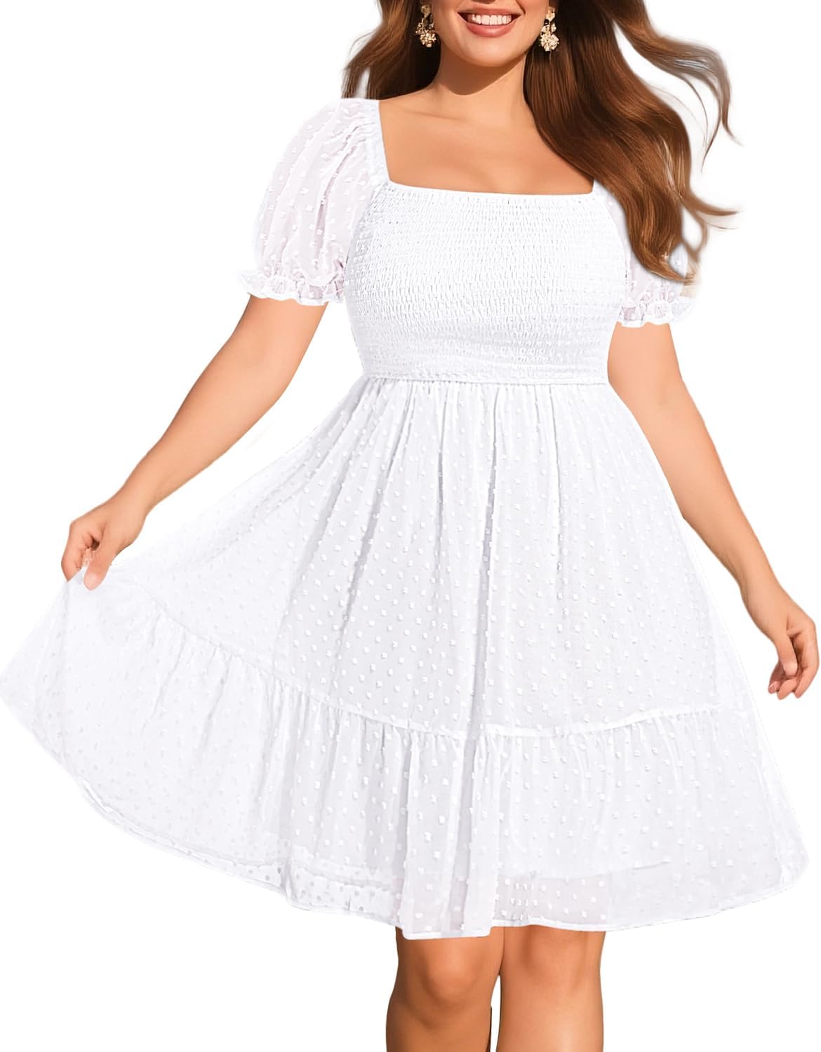 Women Plus Size Square Neck Puff Sleeve Babydoll Summer Chiffon Swiss Dot Flowy Short Smocked Dress