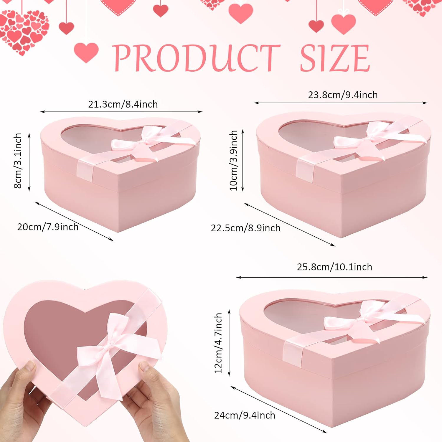 Thenshop 3 Sets Valentines Heart Shaped Boxes for Flowers Mothers Day Gift Packaging with Transparent Window Lids for Luxury Flower Arrangements Flower Box Gift Wrap Boxes for Wedding Birthday(Pink)
