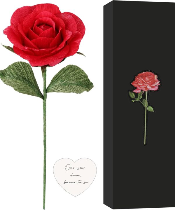 Rimvoe 1st Year Anniversary Keepsake Paper Rose, Handmade Paper Gift for 1 Year Anniversary, with Message Card - One Year Down, Forever to Go (Red)