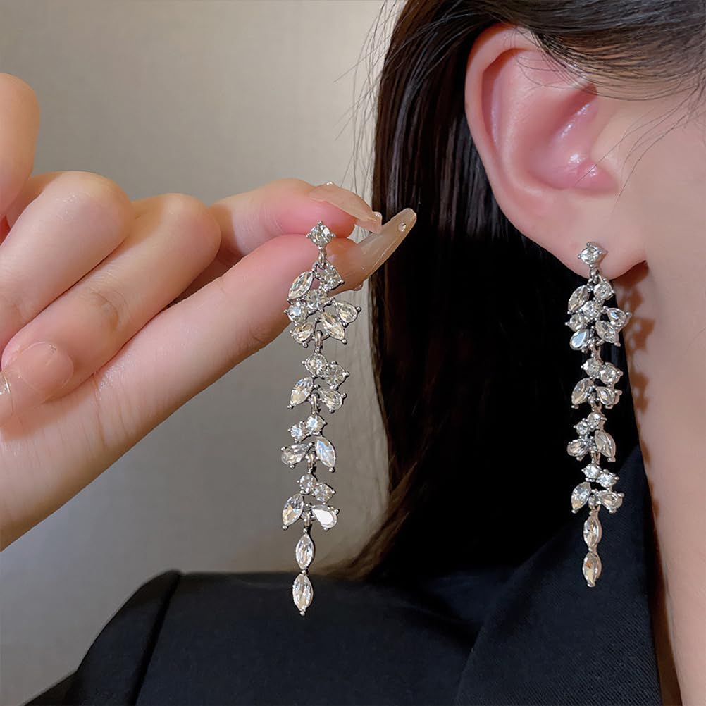 Shiny Silver Cubic Zirconia Tassel Earrings for Women, Sparkling Rhinestone Wedding Bridal Bridesmaid Drop Dangle Earrings Funky Preppy Aesthetic Jewelry
