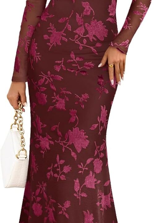 MEROKEETY Women's 2026 Spring Wedding Guest Maxi Dress Long Sleeve Bodycon Floral Mesh Fall Cocktail Formal Party Dresses