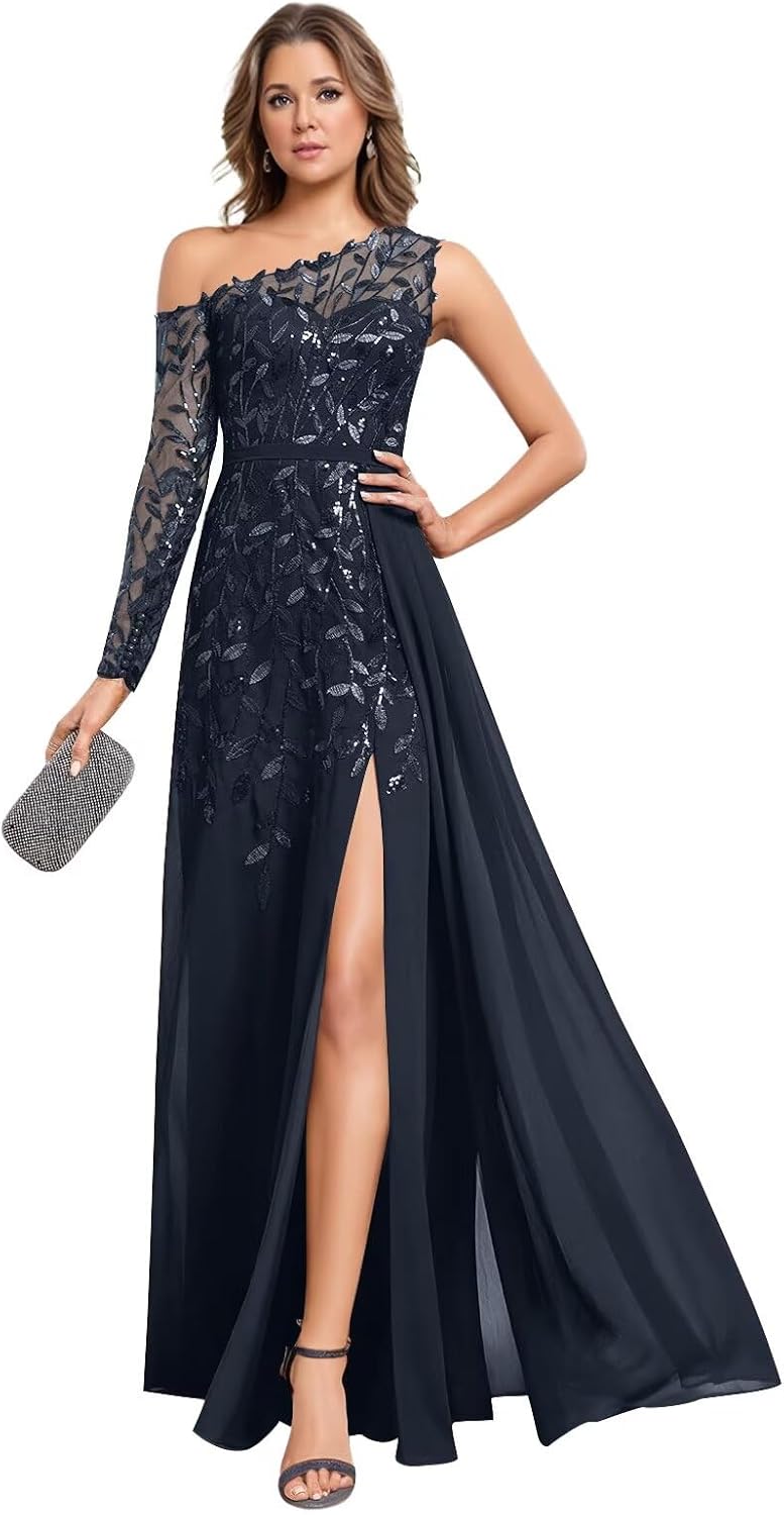 One Shoulder Mother of The Bride Dresses with Slit for Wedding Lace Appliques Chiffon Formal Dress He6077