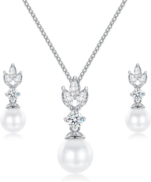 Wedding Jewelry for Bride Bridesmaid, Pearl Dangle Earrings and Pendant Necklace Set Bridal Jewelry for Promise Wedding Party