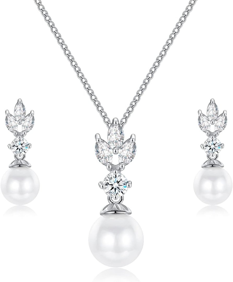 Wedding Jewelry for Bride Bridesmaid, Pearl Dangle Earrings and Pendant Necklace Set Bridal Jewelry for Promise Wedding Party