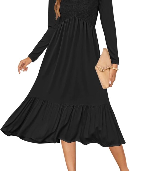 AUSELILY Women's Fall Empire Waist Dress 2025 Smocked Flutter Long Sleeve V Neck Flowy Tiered Midi Long Dresses